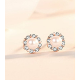 Stříbrné náušnice Flower Pearl s českým křišťálem a perlou růžová, pozlacené