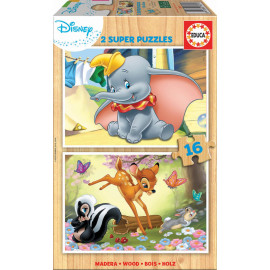 EDUCA Dřevěné puzzle Dumbo a Bambi 2x16 dílků