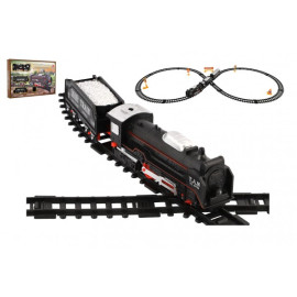 Teddies Vlak/Lokomotiva + 2 vagóny s kolejemi 23ks plast na baterie se světlem v krabici 36x25x5cm