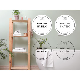 PEELING NA TĚLO - organizační samolepka od DomaLEP varianta: PRŮHLEDNÁ - Ø 4,5 cm - tučné písmo