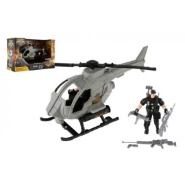 Teddies Vrtulník/helikoptéra vojenský s vojákem plast s doplňky v krabici 28x18x12cm