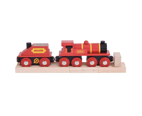 Bigjigs Rail Červená lokomotiva s tendrem + 3 koleje