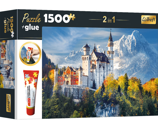 TREFL Sada 2v1 puzzle Zámek Neuschwanstein na podzim 1500 dílků s lepidlem
