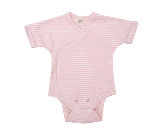 MUFFIN MODE Zavinovací pruhované body z organické bavlny Palid Pink Stripes GOTS, krátké rukávy, růžové Velikost: 56/62