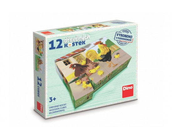 Dino Kostky kubus domácí zvířátka retro dřevo 12ks v krabičce 21x18x4cm