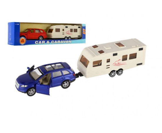 Teddies Auto s karavanem kov/plast 29cm na zpětné natažení  v krabičce 32x8x6cm