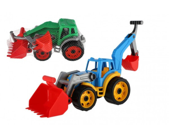 Teddies Traktor/nakladač/bagr se 2 lžícemi plast na volný chod  v síťce 16x35x16cm