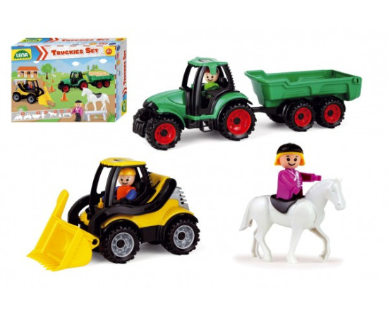 Lena Truckies set farma plast traktor s přívěsem, nakladač s doplňky v krabici 38x28x10cm 24m+